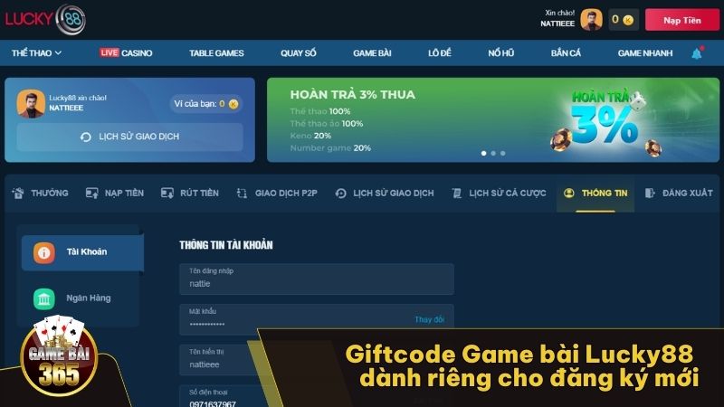 Giftcode Game bài Lucky88 dành riêng cho đăng ký mới