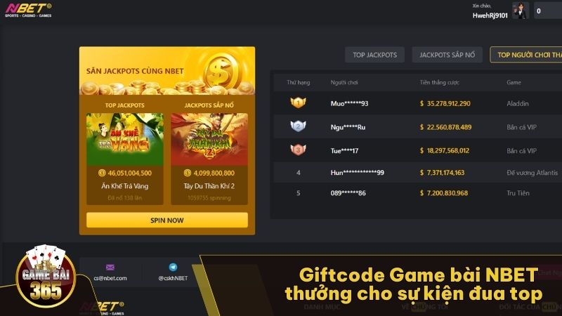 Giftcode Game bài NBET thưởng cho sự kiện đua top