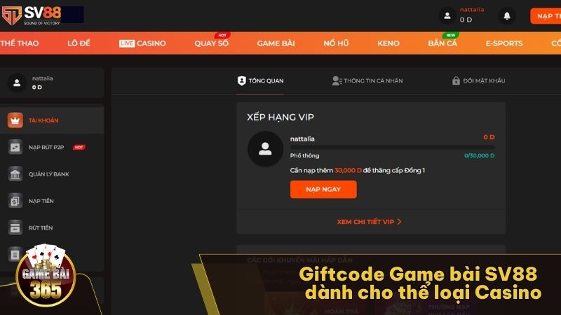 Giftcode Game bài SV88 dành cho thể loại Casino